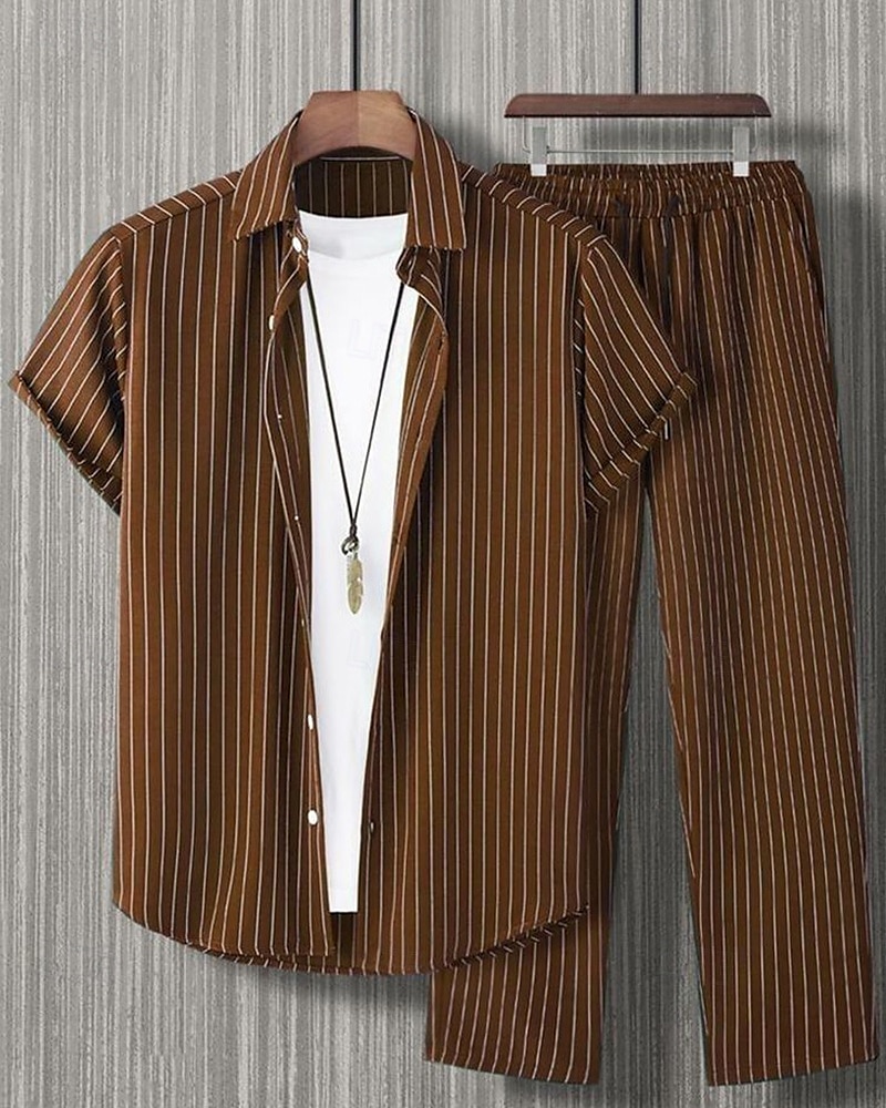 Men's Shirt Set T-shirt Suits 2 Pieces Outfits Tee & Shorts Short Sleeve Shirt Collar Summer Stripes Fashion Casual 2 Piece Vacation Daily Wear Going out Black Red Brown Top Tee for Men 2025 - $40.99 –P1