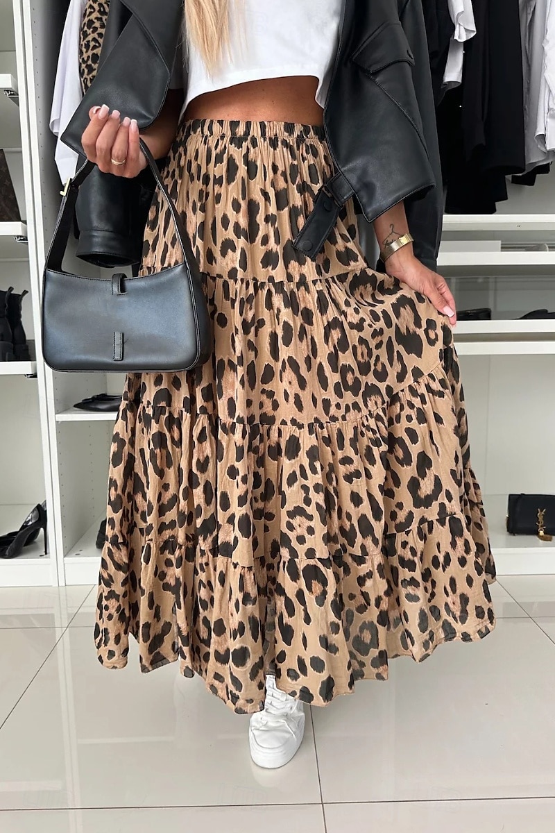 Femmes Jupe Bohème Occasionnel Boho Maxi Taille Basse Jupes Léopard Imprimé Micro-Élastique Vacances Rue Marron Été Polyester de 2025 ? $21.99 –P4