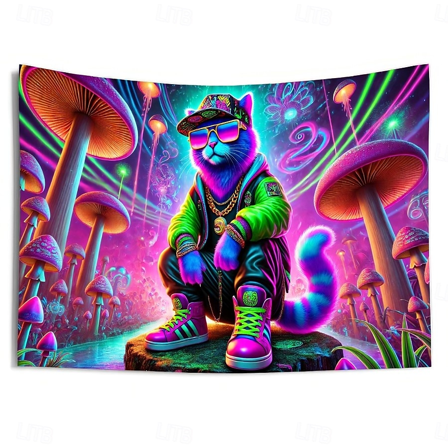 Tenture lumineuse sous lumière noire glow in the dark fête luminescente réactive aux UV motif de chat de rue paysage naturel brumeux trippant œuvre d'art murale pour salon chambre de 2025 ? $15.99 –P4