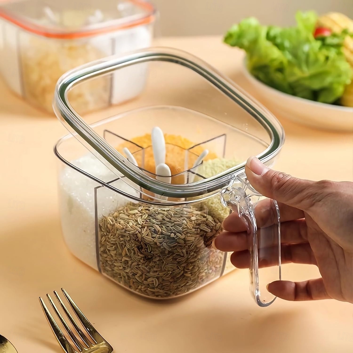 Conjunto de potes de condimentos com 2 compartimentos, caixa de temperos transparente com tampas e colheres, solução de armazenamento conveniente e organizada para sua cozinha de 2025 por $13.99 –P7