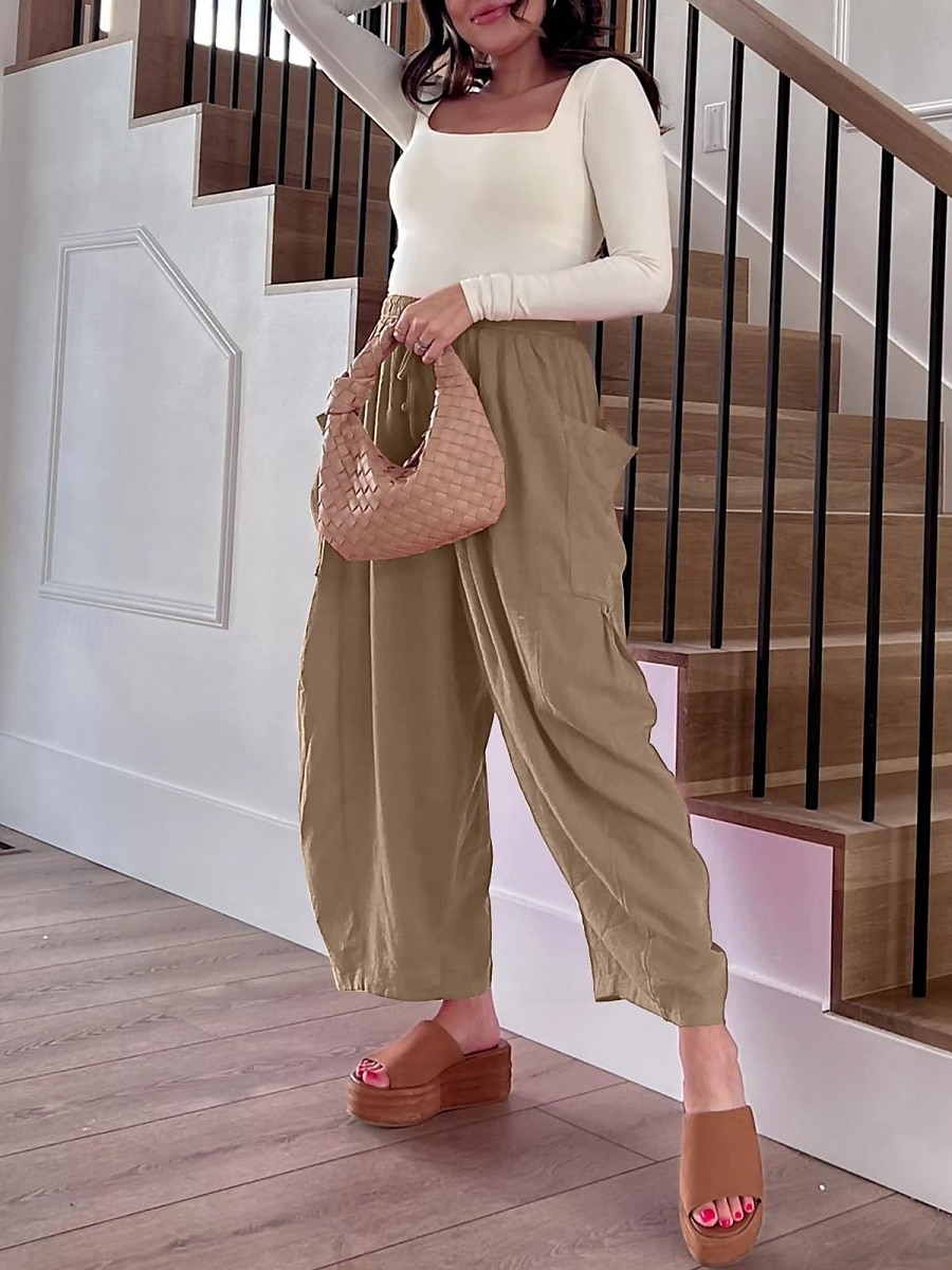 Pantalones baggy de chinos de pierna ancha para mujer Básicos Casual Largos Cintura alta Sencillos Con bolsillo Cinturilla elástica Cómodos Suaves Confortables Micro-elástico Exterior Calle Diaria 2025 - $26.99 –P6