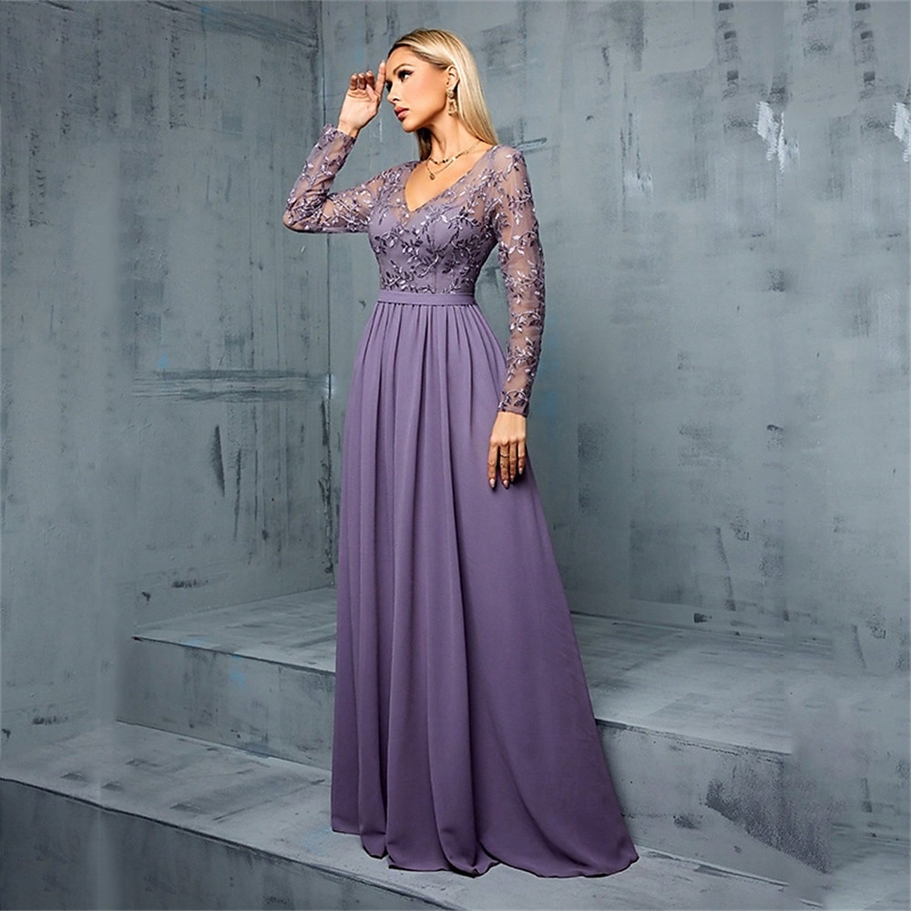 A-Lijn Quinceanera Jurken Elegante Jurk Bruiloft Bruiloft Gast Vloerlengte Lange Mouw V-hals Chiffon met Plissé 2025 - $99.99 –P2