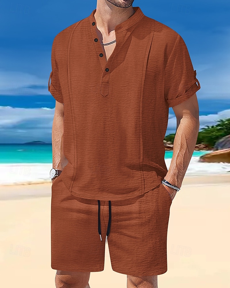 Men's T-shirt Suits 2 Pieces Outfits Tee & Shorts Short Sleeve Henley Summer Plain Fashion Casual 2 Piece Vacation Daily Wear Going out White Royal Blue Brown Top Tee for Men 2025 - $35.99 –P2