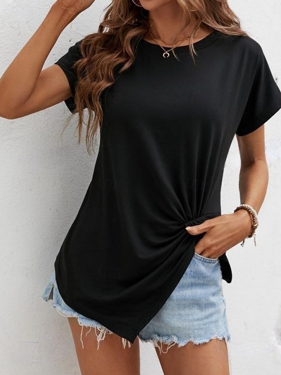 T-shirt femme de couleur unie Uni Mode Classique Décontracté Manches courtes Col rond Hauts réguliers Quotidien Week-end Asymétrique Noir Blanc Vert armée Bleu marine Été de 2025 ? $14.99 –P10
