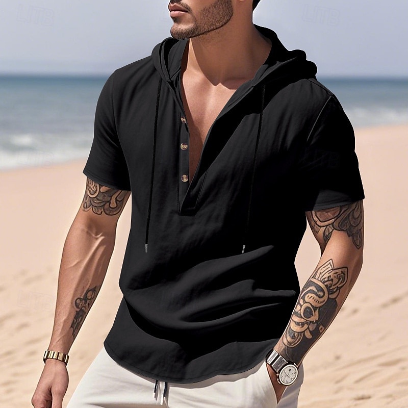 Herren Hemd Leinenhemd Popover-Hemd Freizeithemd Baumwollhemd Einfach Urlaub Straße Schwarz Weiß Gelb Marineblau Kurzarm Mit Kapuze Sommer Bekleidung Button-Down 2025 - $23.99 –P11