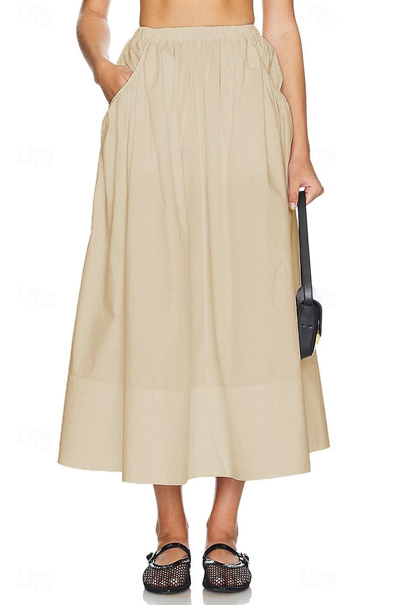 Femmes Jupe Évasé Mode Maxi Taille Basse Jupes Uni Avec Poches Micro-Élastique Vacances Rue Noir Blanche Champagne Beige Été Mélange Lin-Coton de 2025 ? $25.99 –P15
