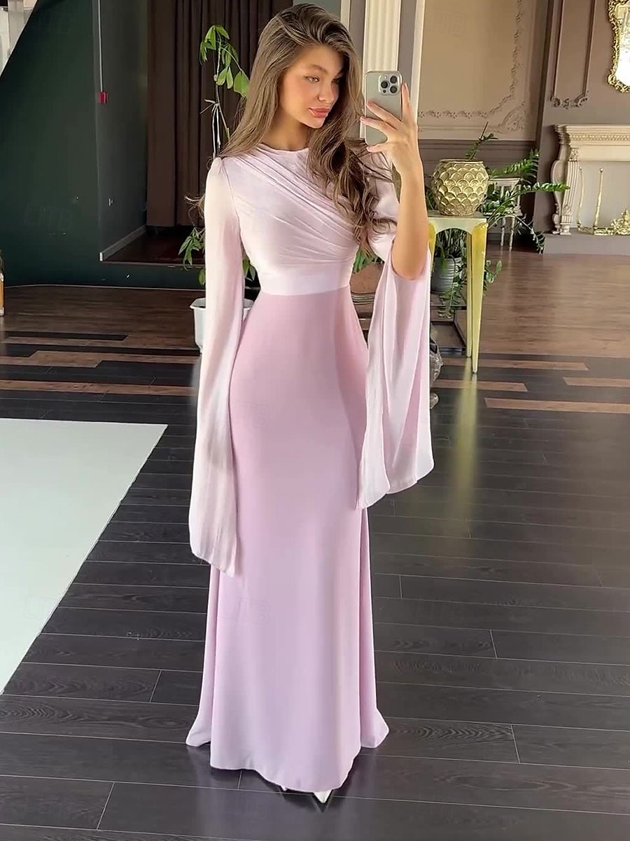 A-Linie Partykleider Elegant Kleid Formell Hochzeit Bodenlang Langarm Rundhalsausschnitt Satin mit Stickerei 2025 2025 - $79.99 –P6
