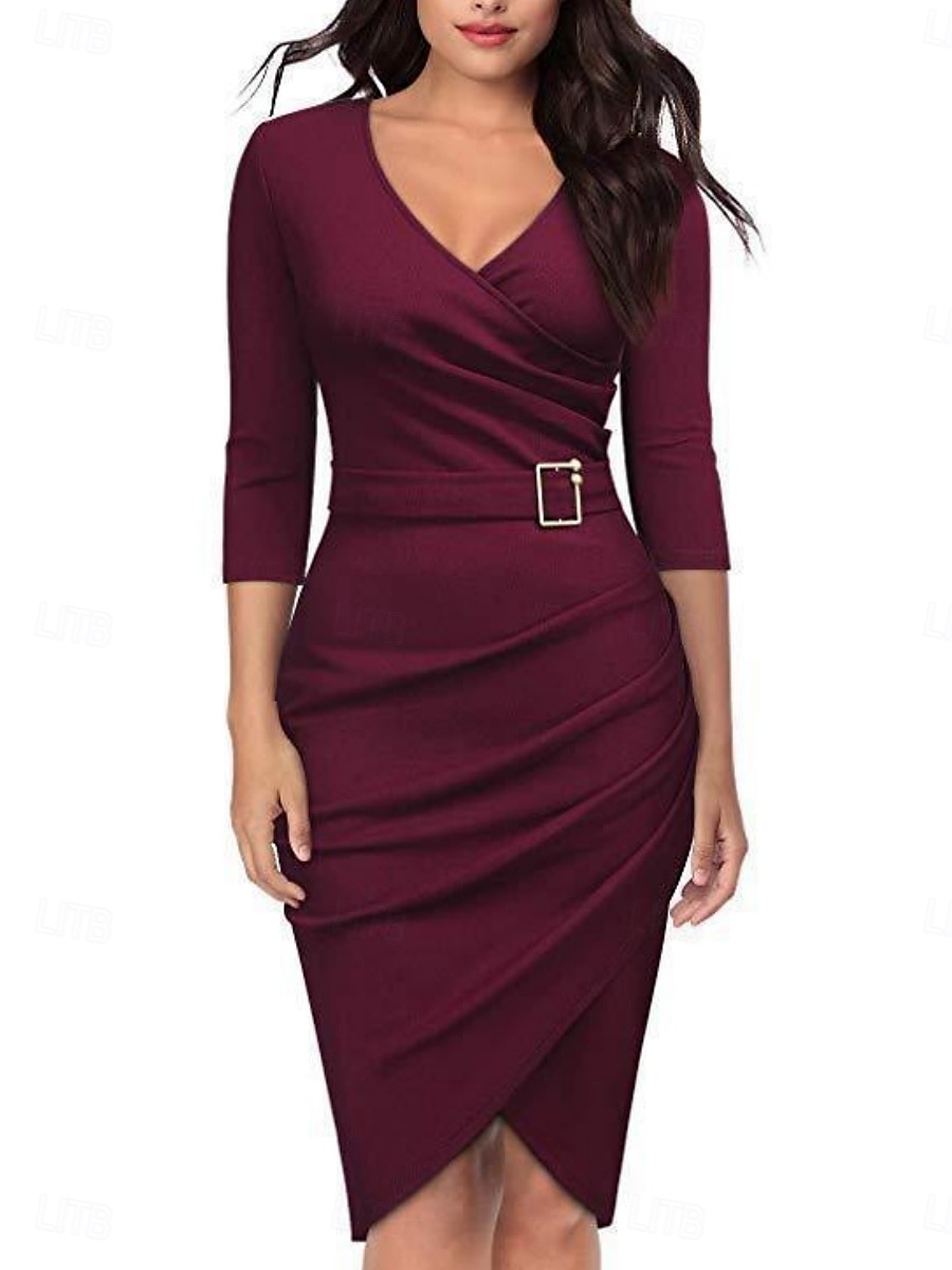Damen Minikleid Wickelkleid Bodycon Kleid Arbeitskleider Semi Formal Büro Normale Passform Grafisch 3/4 Länge Ärmel V-Ausschnitt Schwarz Weiß Wein Sommer 2025 - $21.99 –P6