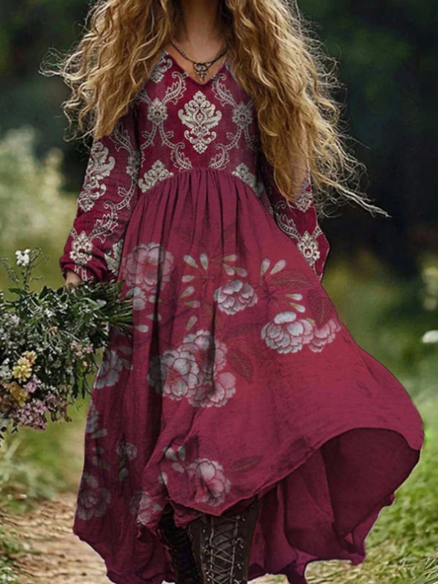 Damen Maxikleid A Linie Kleid Sommerkleid Lässig Boho Täglich Normale Passform Blumen Grafik Paisley-Muster Langarm Einkerbiger Ausschnitt Wein Blau Purpur Fuchsie Sommer 2025 - $31.99 –P6