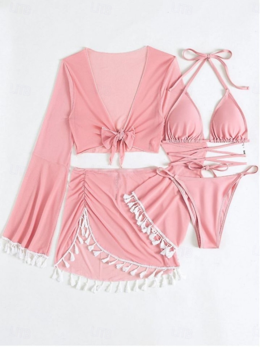 Kvinnors baddräkter bikini kjol baddräkt rygglös smal frans semester strandkläder enhetlig färg halterneck långärmad baddräkt 2025 - $18.99 –P10