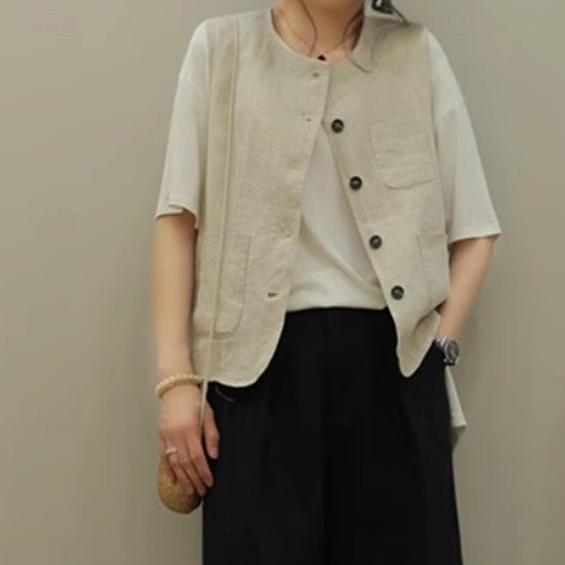 Femmes Chemises inspirées du lin Uni Actif Occasionnel Sans manches Col ras du cou Hauts Réguliers Quotidien Fête Sortir Boutons Avec Poches Noir Vert Abricot Été de 2025 ? $32.99 –P8