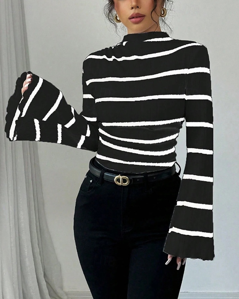 Femmes T-shirt Rayé Mode Moderne manche longue Col haut Hauts Réguliers Quotidien Sortir Noir Blanche Été Printemps de 2025 ? $19.99 –P10