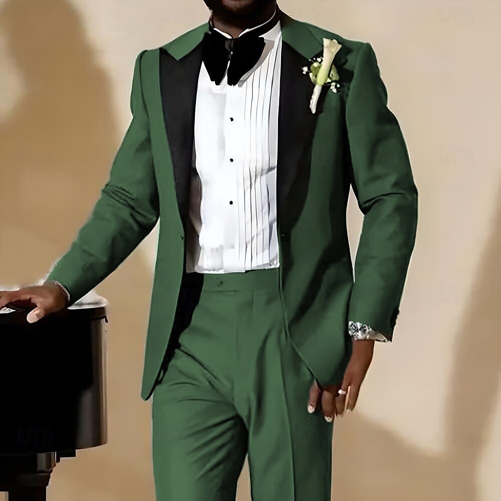 Esmoquin de fiesta para hombres Trajes de regreso a casa verde ejército lujo formal de color sólido ajuste estándar de 2 piezas de un botón 2025 - $122.99 –P3