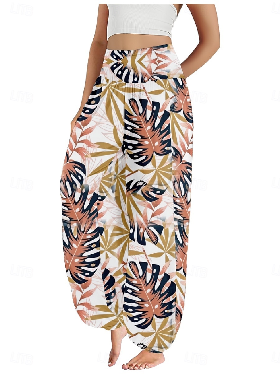 Per donna Pantaloni ispirati al lino Gamba larga Pantaloni Stile Etnico Casual Boho Lunghezza intera Vita Alta Floreale Foglia Tropicale Tasca Elastico in vita Stampa Traspirabilità Morbido del 2025 a $21.99 –P1