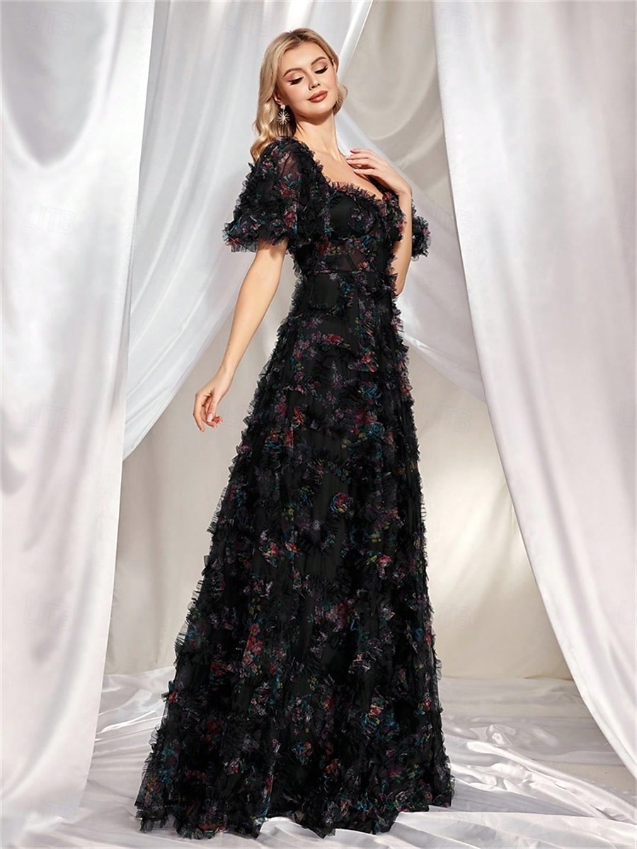 Rochii Invitată la Nuntă Rochie A-Line Corset Gât Îndulcit Mâneci Scurte cu Mâneci Burbă Lungime Podea Tulle cu Micro Volane 2025 - $189.99 –P11