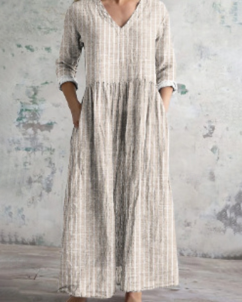 Per donna Abito Midi Abito in cotone e lino Abito Boho Classico All'aperto Vacanza Ferie Vestibilità regolare A righe Manica Lunga Scollo a V Nero Albicocca Estate del 2025 a $32.99 –P1