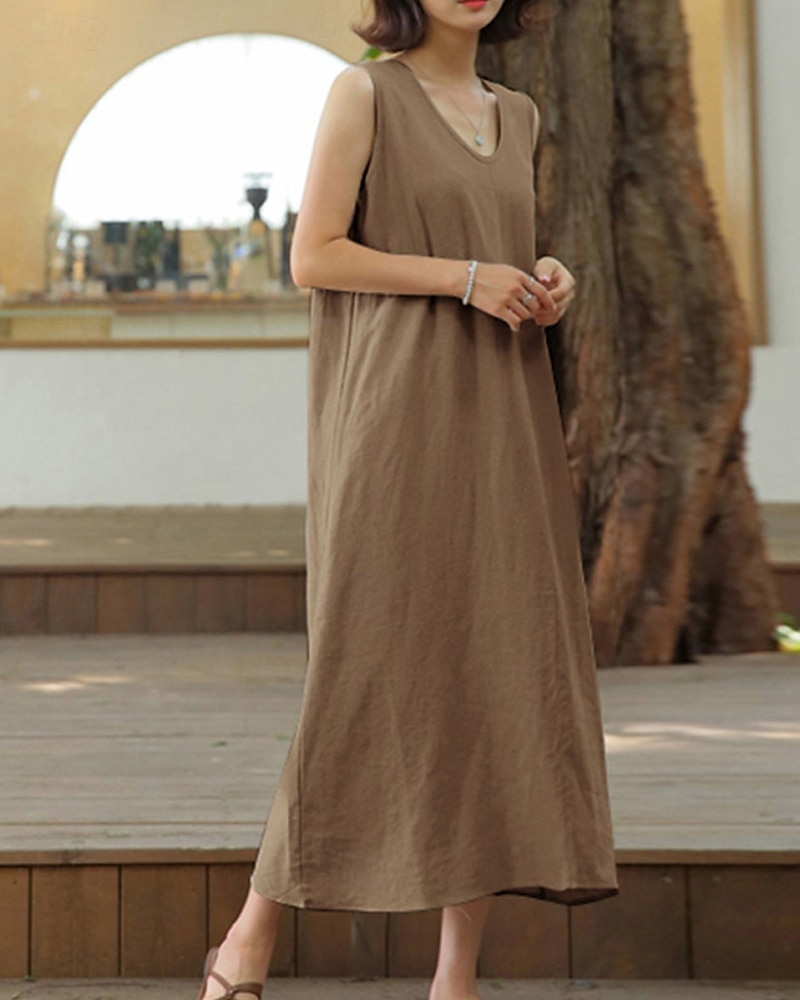 Per donna Abito Midi Abito in cotone e lino Classico Vacanza Quotidiano Uscire Vestibilità regolare Semplice Senza Maniche Scollo a V Marrone Albicocca Estate del 2025 a $42.99 –P7