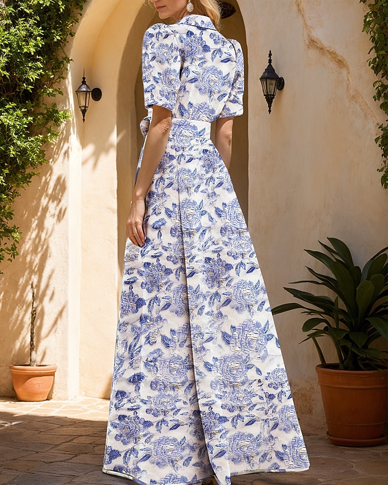 Vestido de Gala A-Line Brocado Vestido de Invitada de Boda Estilo Celebridad Longitud de Suelo Manga Corta Cuello de Camisa Cinturón  Cinta Poliéster con Estampado Floral 2025 - $154.99 –P3