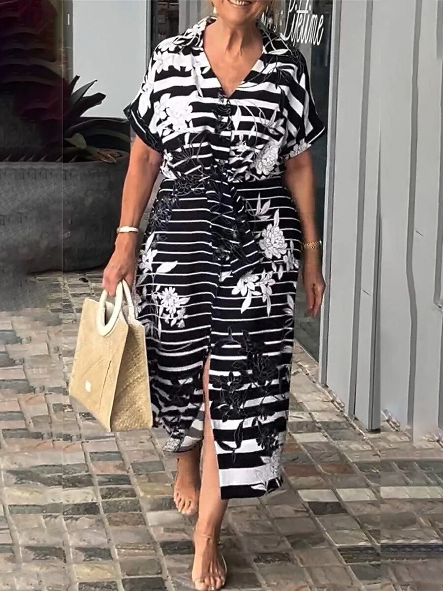 Femmes Robe maxi Robe trapèze Robe d'été Occasionnel Quotidien Coupe régulière Fleuri Graphique Rayé Manche Courte Col en V Noir Blanche Jaune bleu marine Été de 2025 ? $39.99 –P1