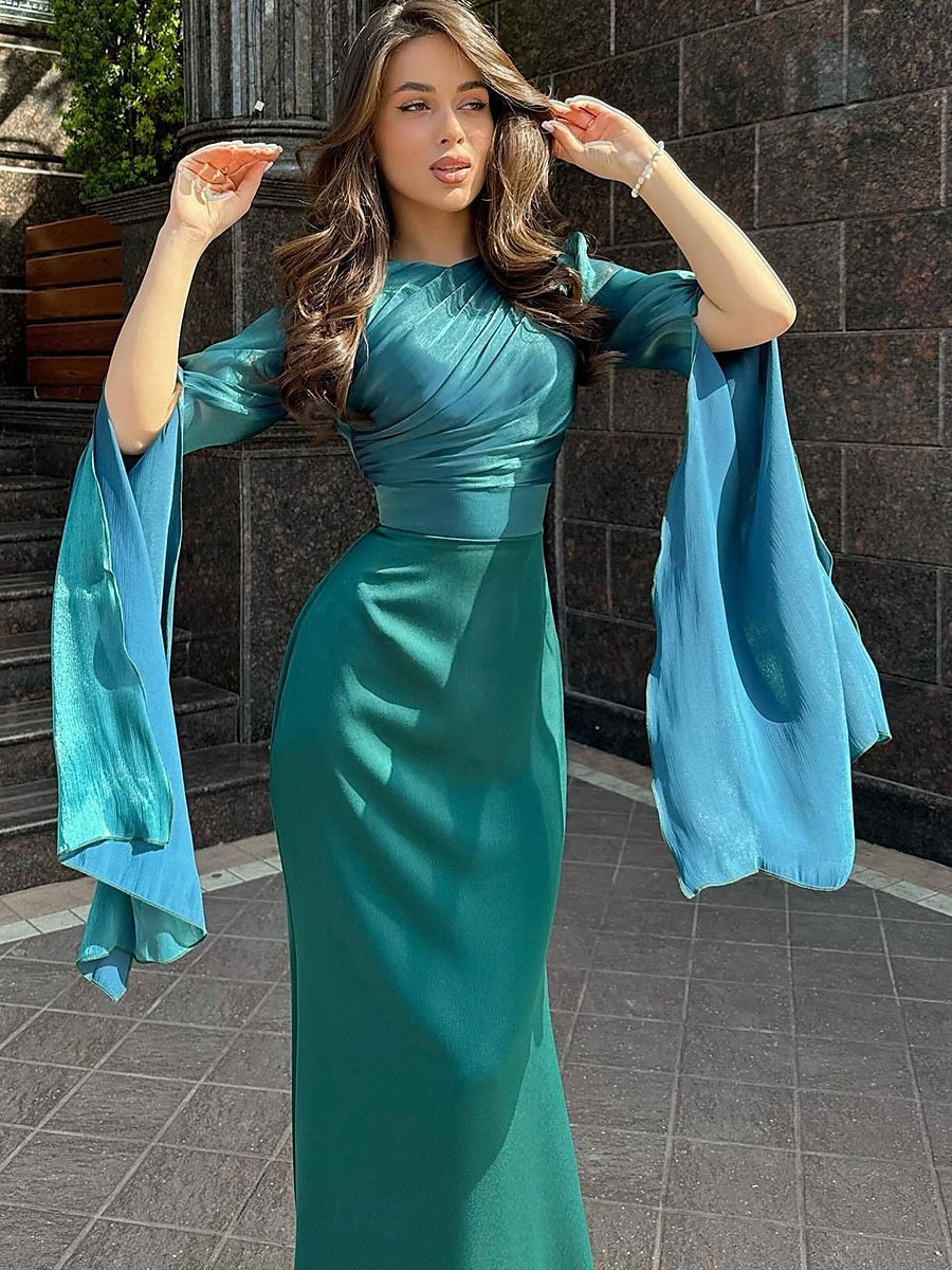 Sellő Trumpet Quinceanera Ruhák Elegáns Ruha Formális Esküvő Padló Hosszú Ujjú Crew Nyak Bársonyos Ráncokkal 2025 - $79.99 –P15