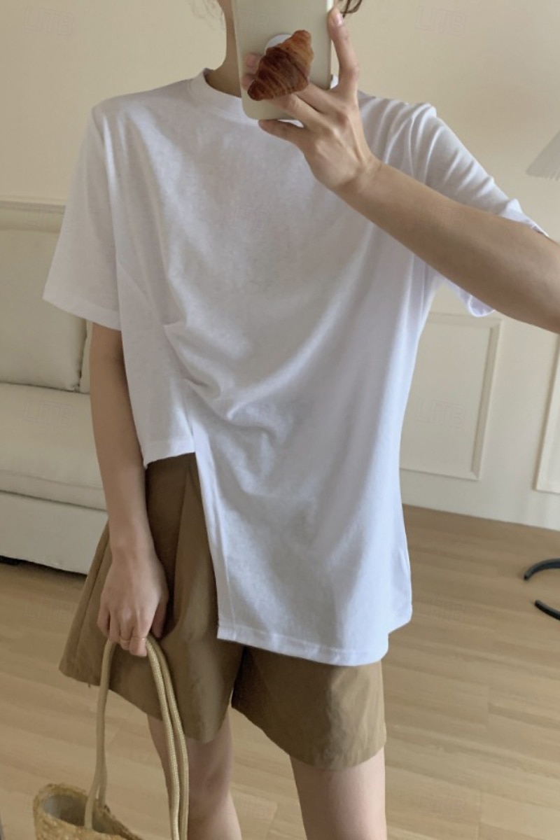 Femmes Chemisier Uni Moderne Occasionnel Manche Courte Col ras du cou Hauts Réguliers Fête Sortir Ourlet asymétrique Noir Blanche Été de 2025 ? $30.99 –P1
