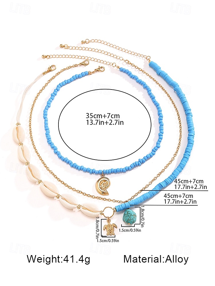 Boho gelaagde schelp- en kralenkettingset voor dames – turquoise hanger in strandstijl en gouden bedels voor zomervakanties en festivals 2025 - $12.36 –P12