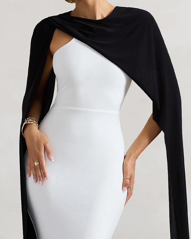 Black and White Cape Dress Mermaid / Trumpet Detachable Cape Evening Gown Elegant Dress Semi Formal Wedding Wedding Guest Dress Floor Length Crew Neck Stretch Crepe with Ruched Details 2025 - $148.99 –P2