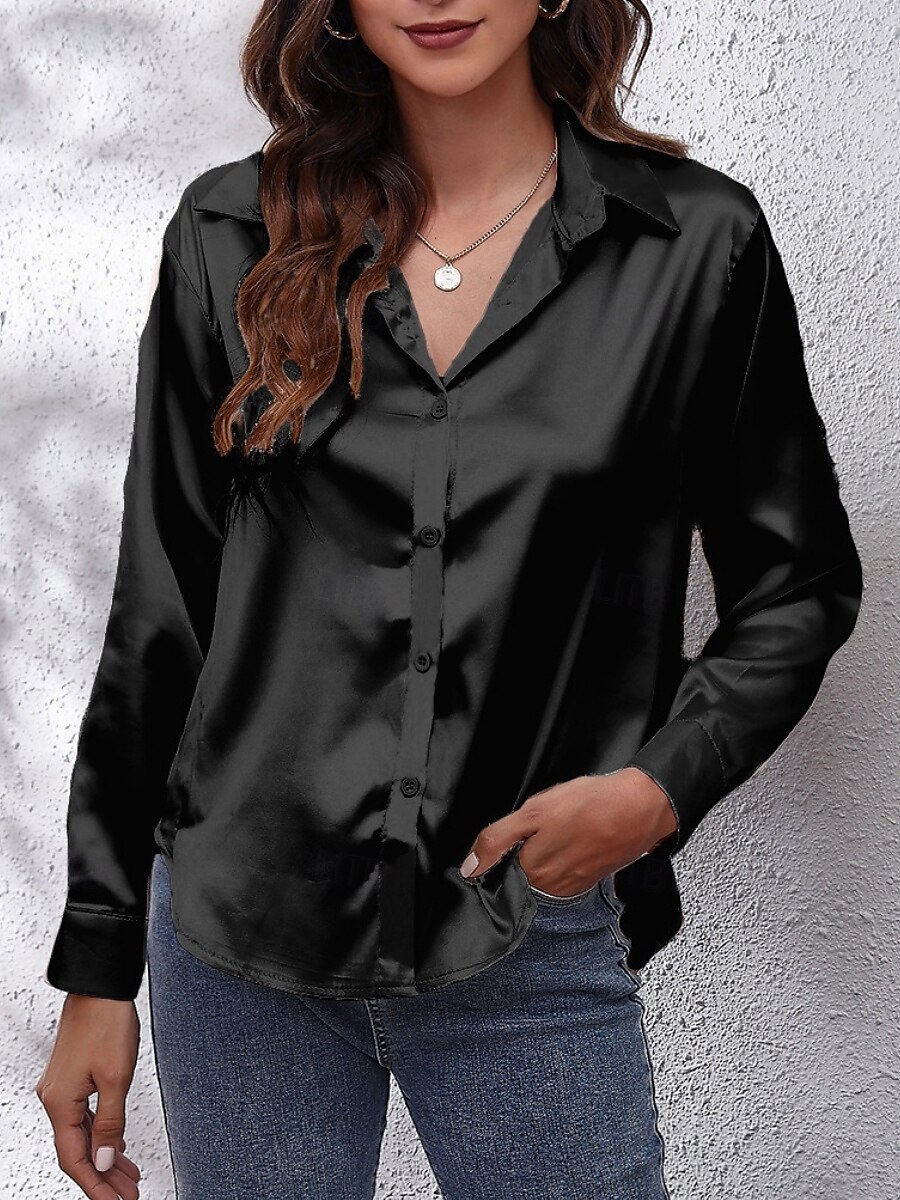 Dames Overhemd Effen Kleur Bloemig Effen Stijlvol Modern Casual Lange mouw Overhemdkraag Normale tops Dagelijks Knop Zwart Wit Blozend Roze Wijn Marine Blauw Zomer Lente 2025 - $14.99 –P7