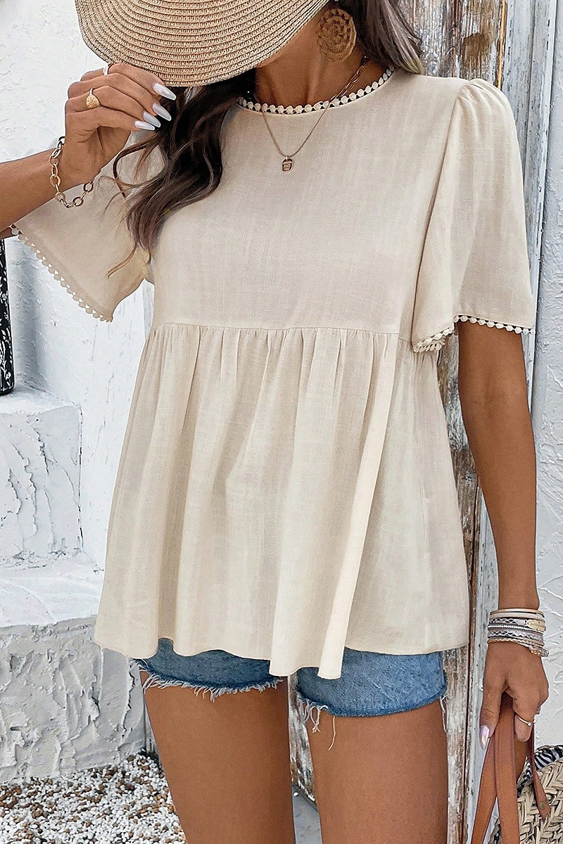 Damen Leinen-inspirierte Hemden Bluse Einfach Modern Lässig Kurzarm Rundhalsausschnitt Normale Oberteile Täglich Ferien Ausgehen Gerafft Aprikose Sommer 2025 - $23.99 –P4