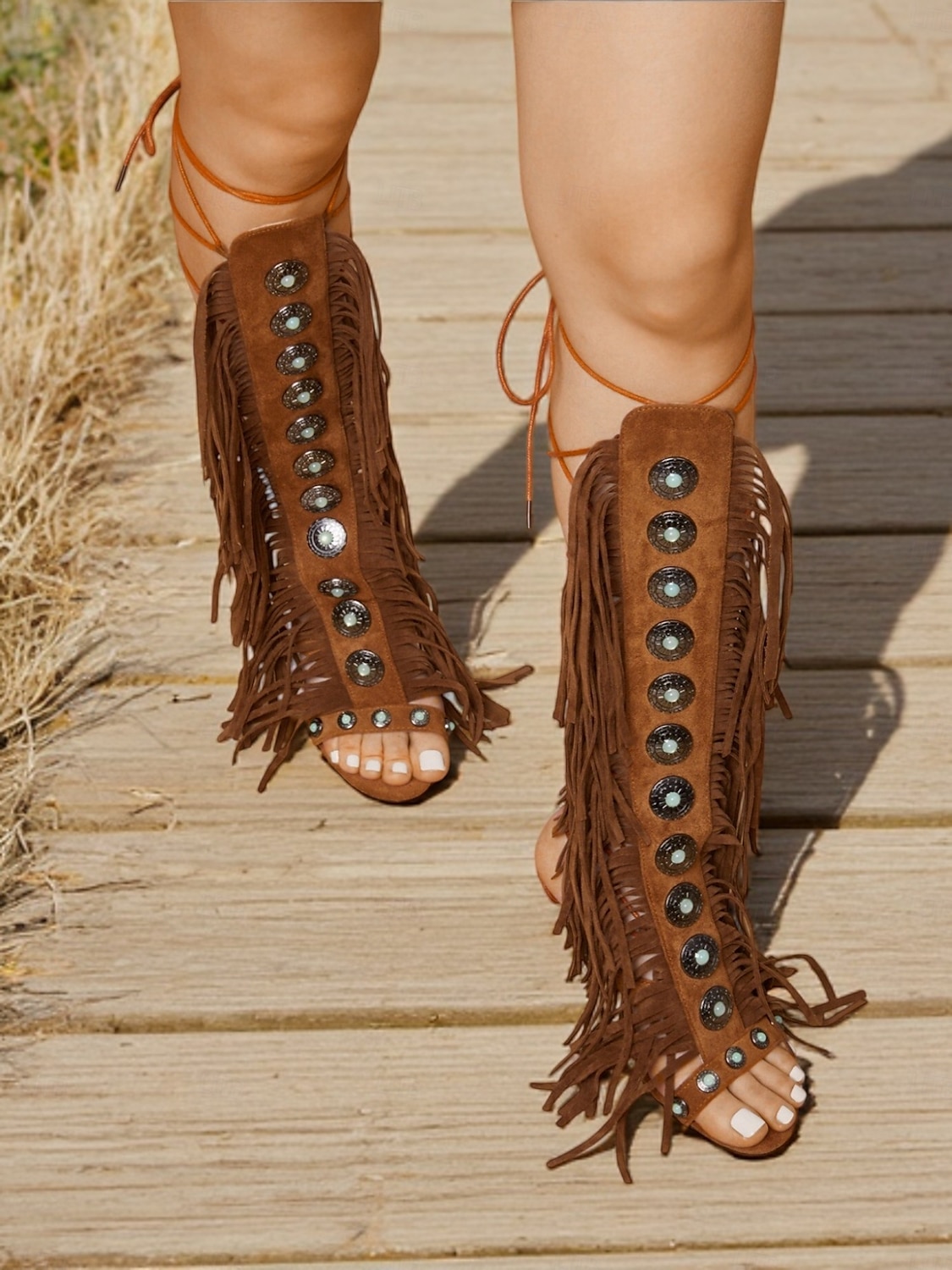 Women's Brown Boho Fringe Gladiator Heeled Sandals – Western Style Knee-High Lace-Up Boots for Music Festivals, Summer Parties & Retro Fashion 2025 - $64.99 –P2