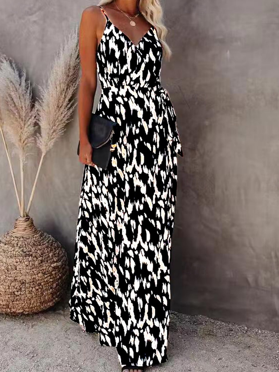 Damen Maxikleid A Linie Kleid Unterkleid Urlaub Lässig Boho Outdoor Ausgehen Strand Standard Passform Grafik Geometrisch Ärmellos Spaghettiträger Weiß Leicht Braun Blau Grau Sommer 2025 - $29.99 –P1