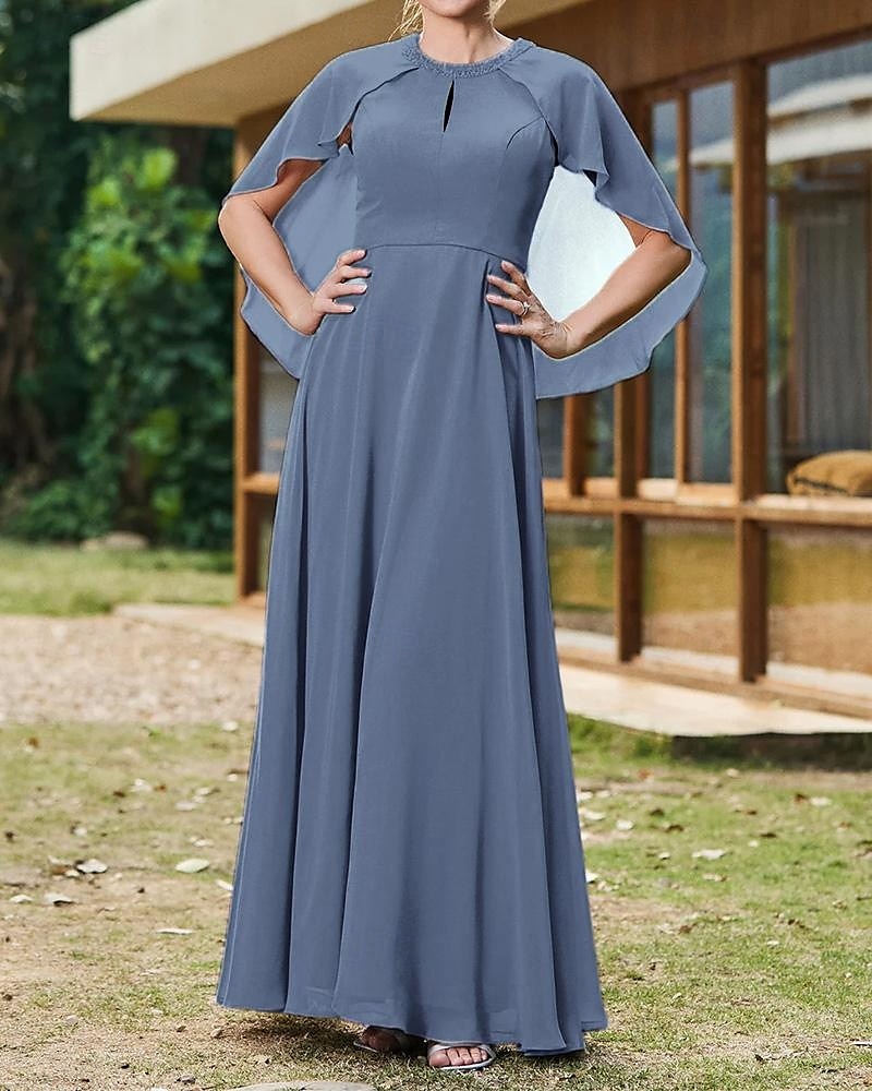 Cape Dress A-Line Mother of the Bride Dress Elegant Simple Wedding Guest Dress Minimalist Crew Neck Floor Length Chiffon Beaded Lace Short Sleeve with Lace Beading 2025 - $148.99 –P6