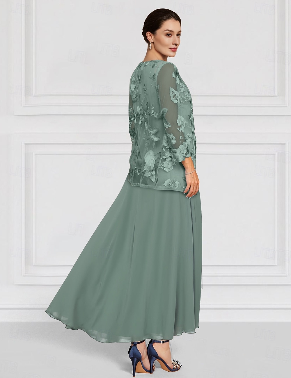 Set di Abiti Floreali Due Pezzi Madre della Sposa Elegante Collo a Giro Lunghezza Caviglia Chiffon Maniche Lunghe con Ricamo in Pizzo del 2025 a $158.99 –P2