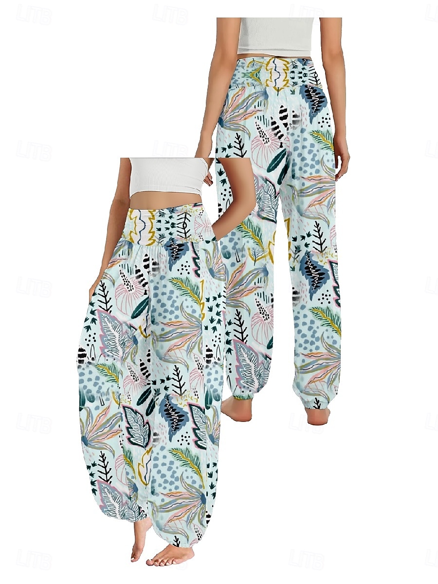 Dam Linneinspirerade byxor Brett skaft Byxor Etnisk Stil Ledigt Boho Fullängd Hög midja Blommig Löv Tropisk Ficka Elastisk midja Tryck Mateial som andas Mjuk Microelastisk Utomhus Yoga Svart Vit 2025 - $21.99 –P15