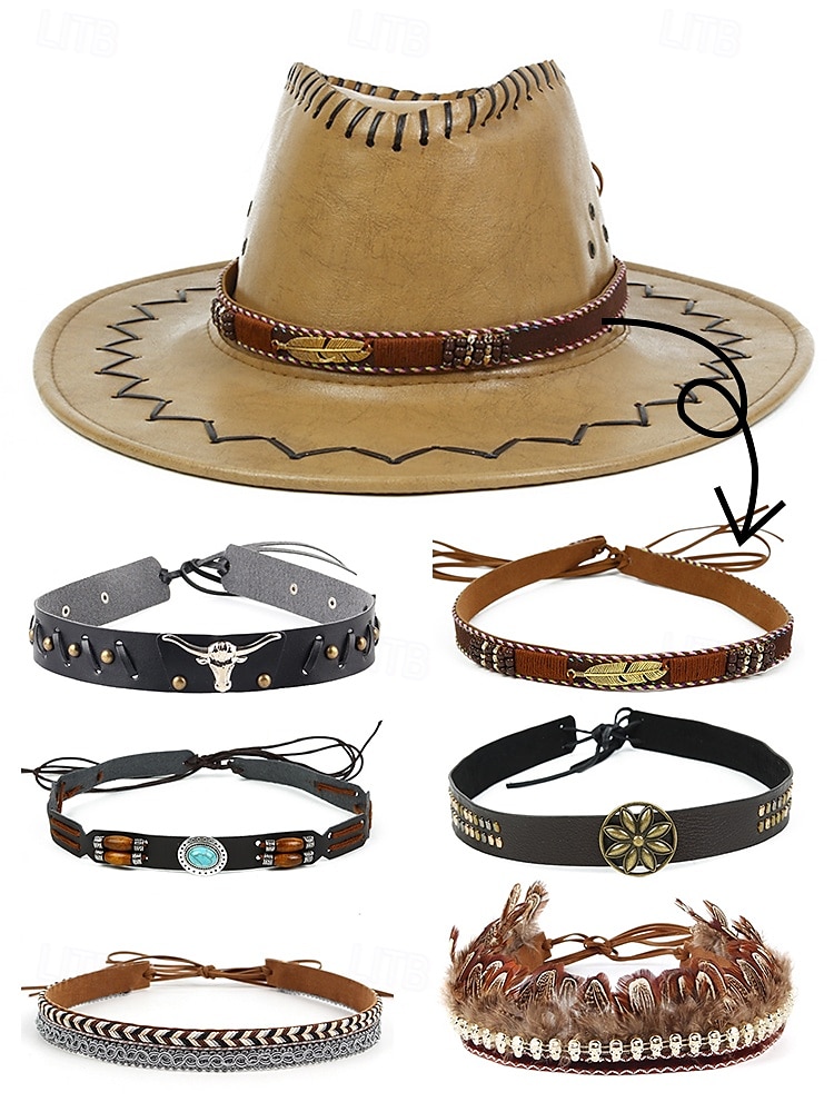 västerländsk hattdekorationsband - kohuvud, läder- och fjäderdekoration för cowboy- och cowgirlstil, perfekt för festivaler, rodeos och utomhusevenemang 2025 - $9.99 –P3