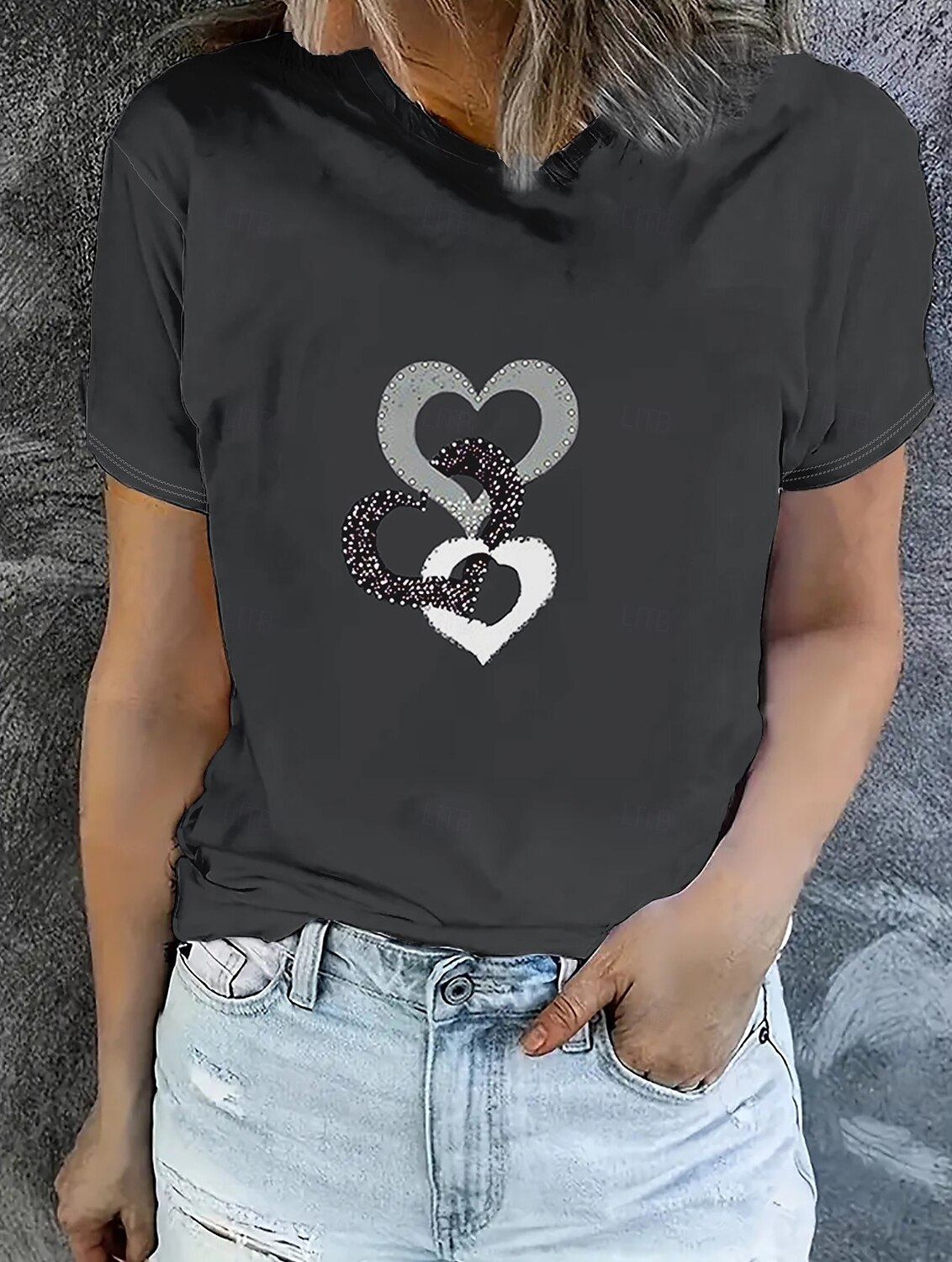 Pentru femei Tricou Topuri de vară Inimă Grafic Clasic Casual Manșon scurt Stil Nautic Crop Tops Zilnic Sfârșit de săptămână Imprimeu Negru+alb+gri Vară Primăvară Toamnă 2025 - $14.49 –P1