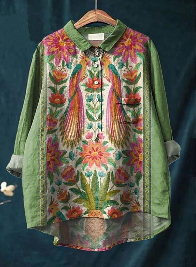 Dame Skjorte Blomstret Elegant Bohem Stilfull Langermet Crew-hals Vanlige topper Daglig Ferie Strand Klær Knapper Trykt mønster Blå Fuksia Grønn Beige Lyseblå Sommer Vår 2025 - $25.99 –P2