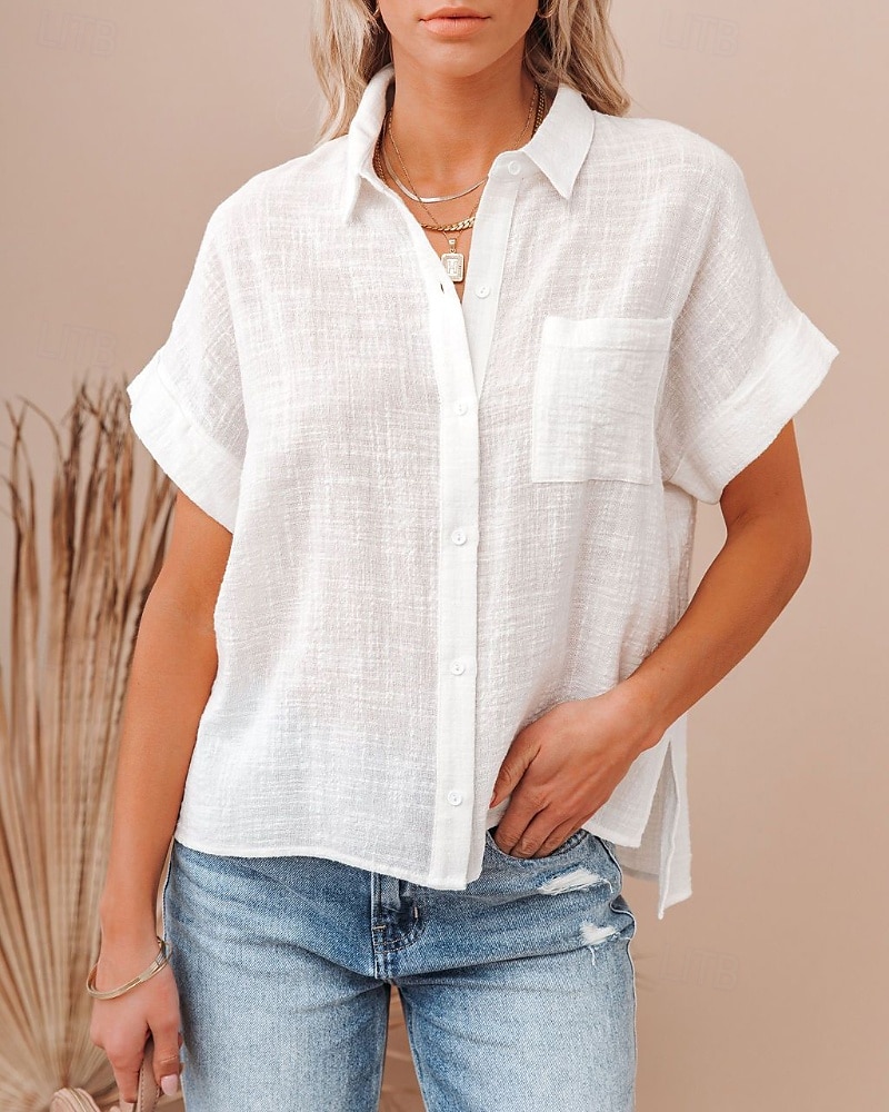 Per donna Camicie di cotone e lino Blusa Semplice Moderno Casual Manica Corta Colletto a Camicia Top Regolari Ferie Uscire Bottoni Tasca Nero Bianco Rosa Estate del 2025 a $24.99 –P1