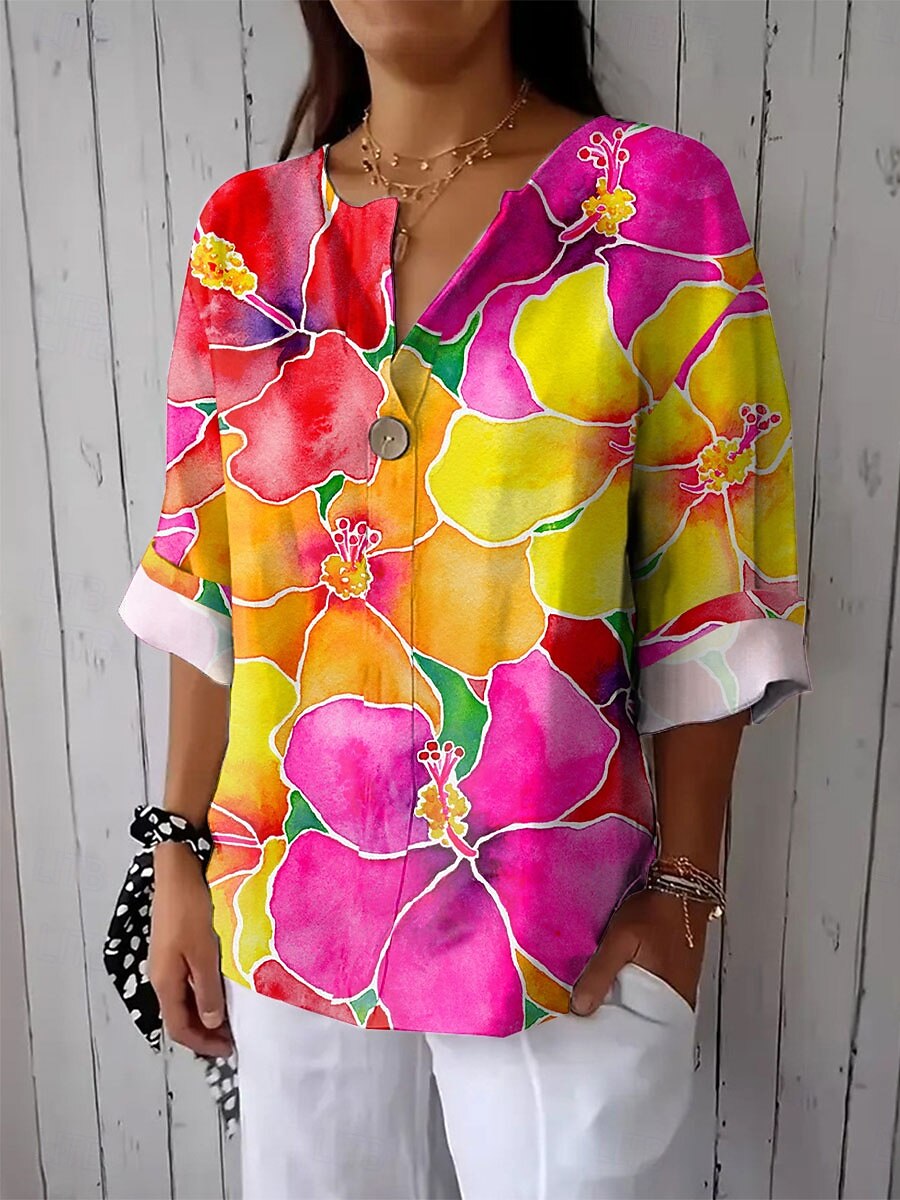 Camicia da donna maniche lunghe scollo a V grafica floreale vintage tropicale hawaiana maniche 3/4 lunghezza collo regolare abbigliamento da spiaggia quotidiano stampa fucsia estate primavera del 2025 a $29.99 –P1
