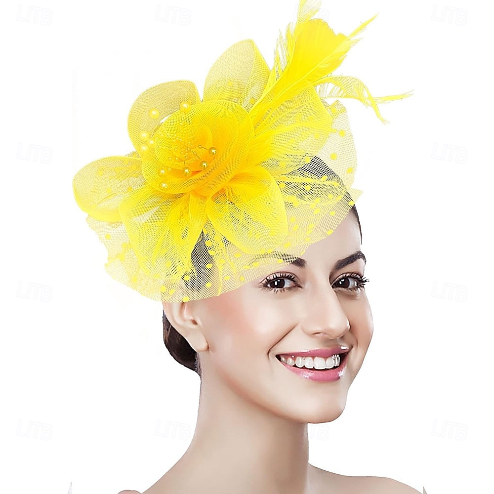 غطاء للرأس ريشة صاف قبعة فيدورا زفاف حفلة ليلية حفلة شاي سباق خيول كوكتيل عتيق لطيف مع ريش خوذة أغطية الرأس 2025 - $48.99 –P21