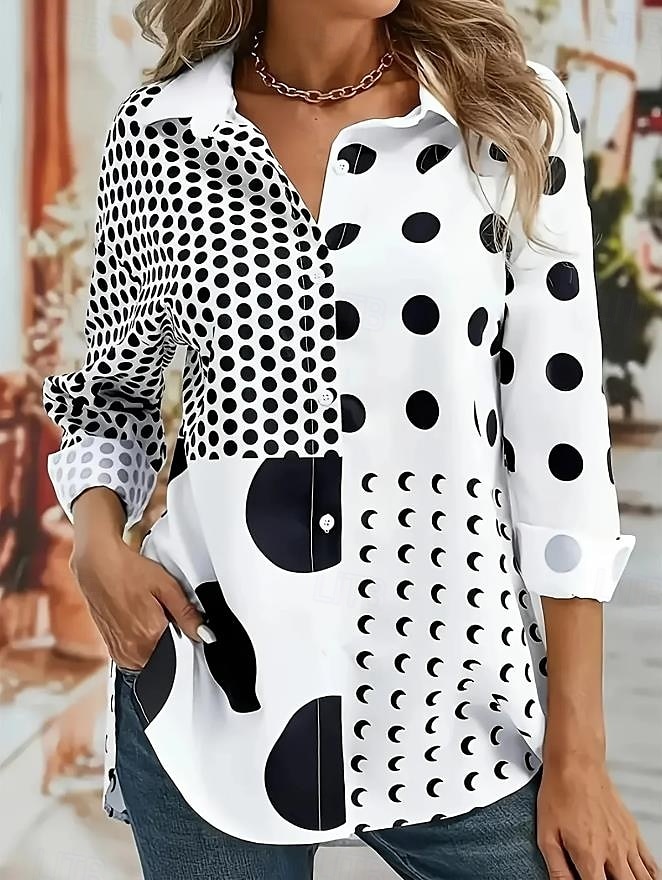 Damen Hemd Grafik Geometrisch Lässig Langarm Hemdkragen Normale Oberteile Arbeit Täglich Patchwork Knöpfe Druck Schwarz Rote Frühling Herbst 2025 - $32.99 –P1