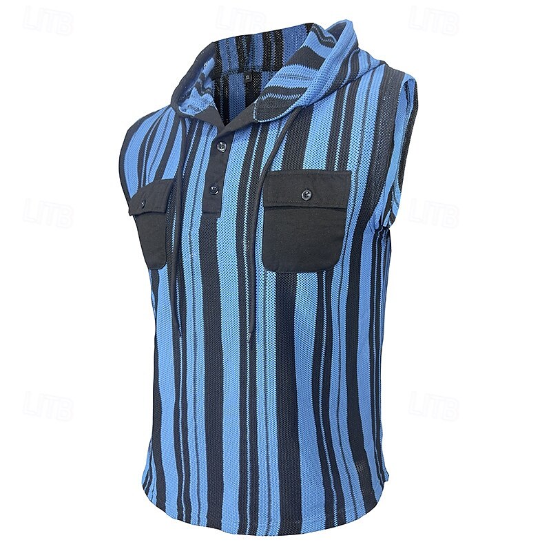 Herr Linne Undertröjor Ärmlös tröja Ärmlös Huva Sommar Randig Mode Designer Grundläggande Ficka Semester Gata Utekväll Svart Blå Mörkblå Topp t-shirt för män 2025 - $30.99 –P3