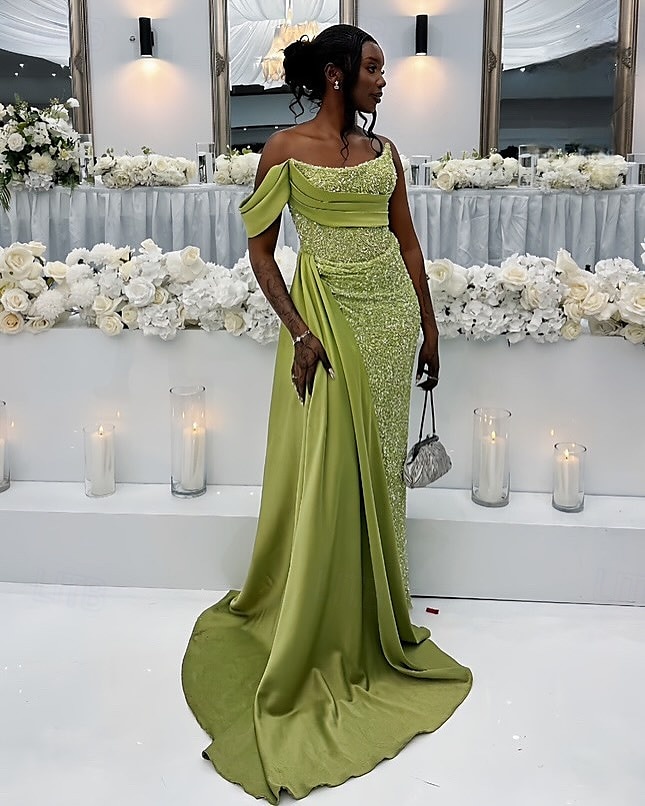 Zöld A-vonalú Estélyi Ruha Elegáns Ruha Formális Padló Hossza Ujjatlan Strapless Zsebekkel Flitteres Csillogó Ráncos 2025 - $174.99 –P2