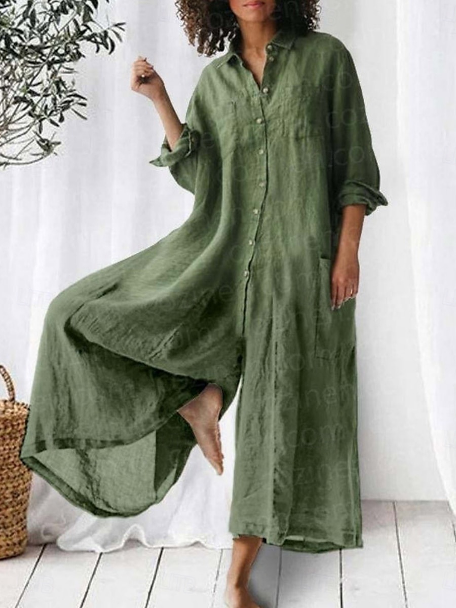 Damen Jumpsuit Aktiv Einfarbig Langarm Weit Bein Hemdkragen Knöpfe Tasche Urlaub Täglich Reguläre Passform Armeegrün Marineblau Khaki Sommer 2025 - $37.99 –P5