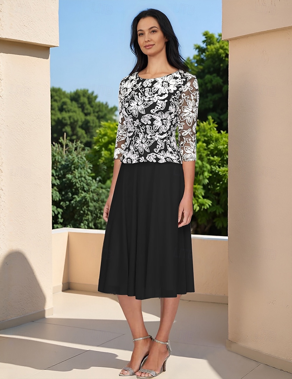 Florale Paspel Brautmutterkleid Elegant Vintage Einfach Rundhalsausschnitt Tee-Länge Chiffon 3/4-Langarm 2025 - $158.99 –P1