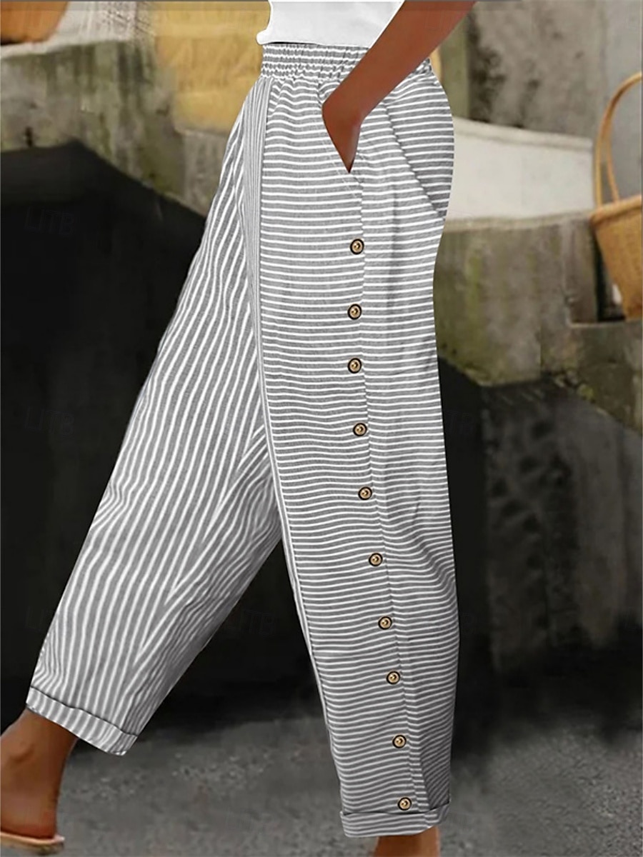 Per donna Pantaloni in cotone e lino Essenziale Casual Lunghezza intera Vita Alta A righe Tasca Elastico in vita Stampato Comodo All'aperto Confortevole Streetwear Abbigliamento quotidiano Uscire del 2025 a $22.99 –P2