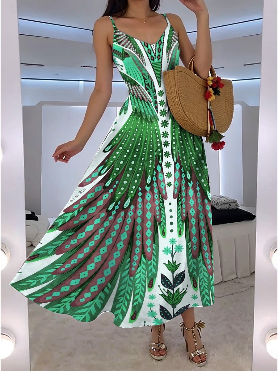 Damen Maxikleid A Linie Kleid Unterkleid Urlaub Lässig Boho Ausgehen Strand Normale Passform Blumen Grafik Feder Ärmellos V Ausschnitt Blau Orange Grün Rosa Sommer Frühling 2025 - $34.99 –P4