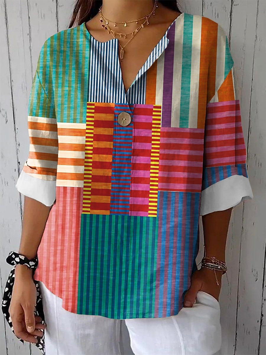 Kvinnenes bomullslin skjorte grafisk geometrisk fargeblokk vintage tropisk hawaiiansk langermet V-hals vanlig topper daglig ferie strandbruk lappverk knapper print rosa grønn sommer vår 2025 - $29.99 –P1