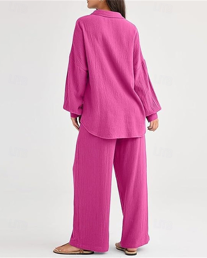Dam Mode Streetwear Skjorta Tvådelade set Byxuppsättningar Långärmad Tröjkrage Ensfärgat Snörning Dagliga kläder Datum Svart Vin Armégrön Vår Normal 2025 - $38.99 –P9