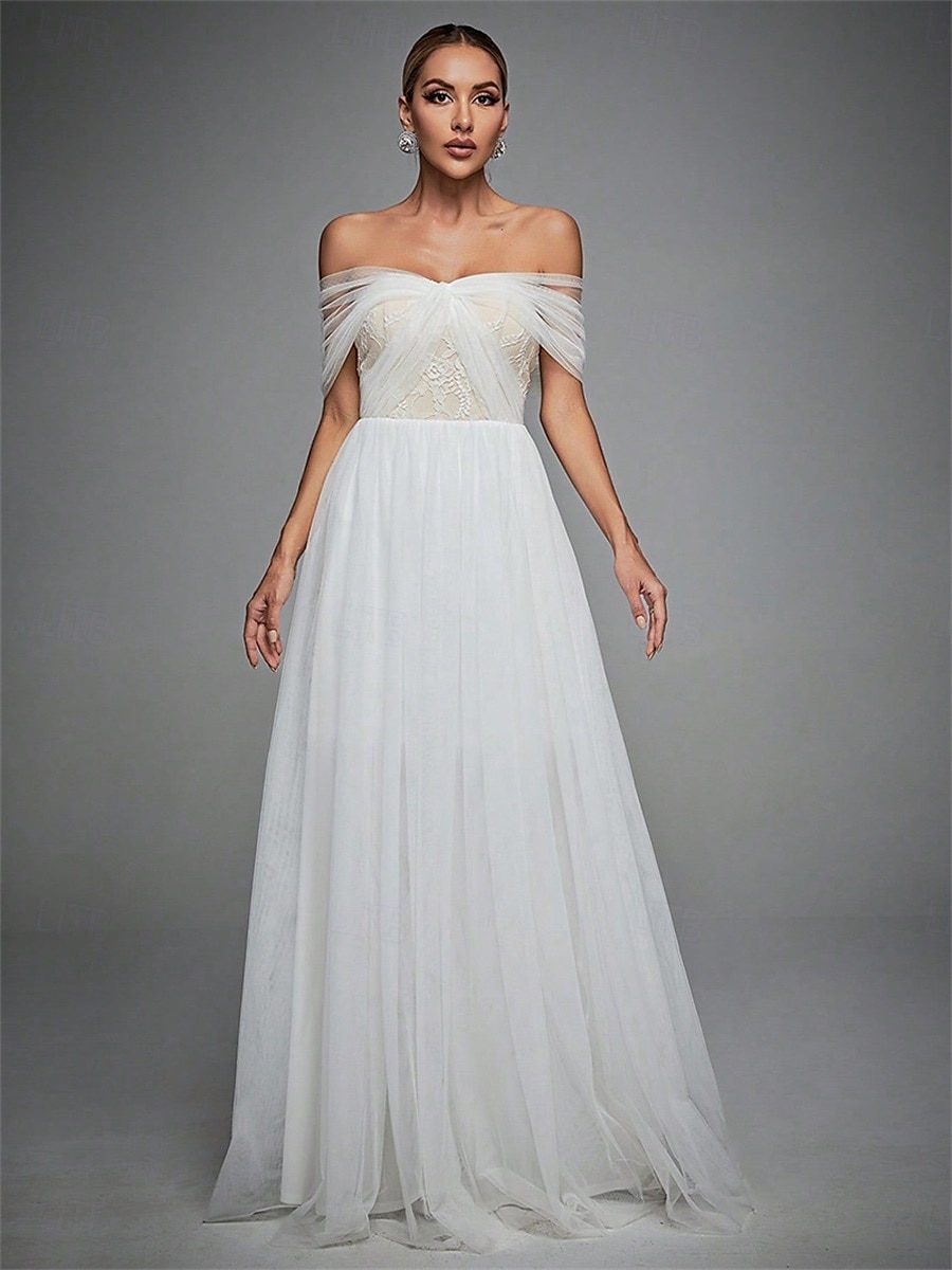 Linha A Vestido de Madrinha Ombro a Ombro Sem Manga Elegante Longo Tule com Cor Única 2022 de 2025 por $86.99 –P8